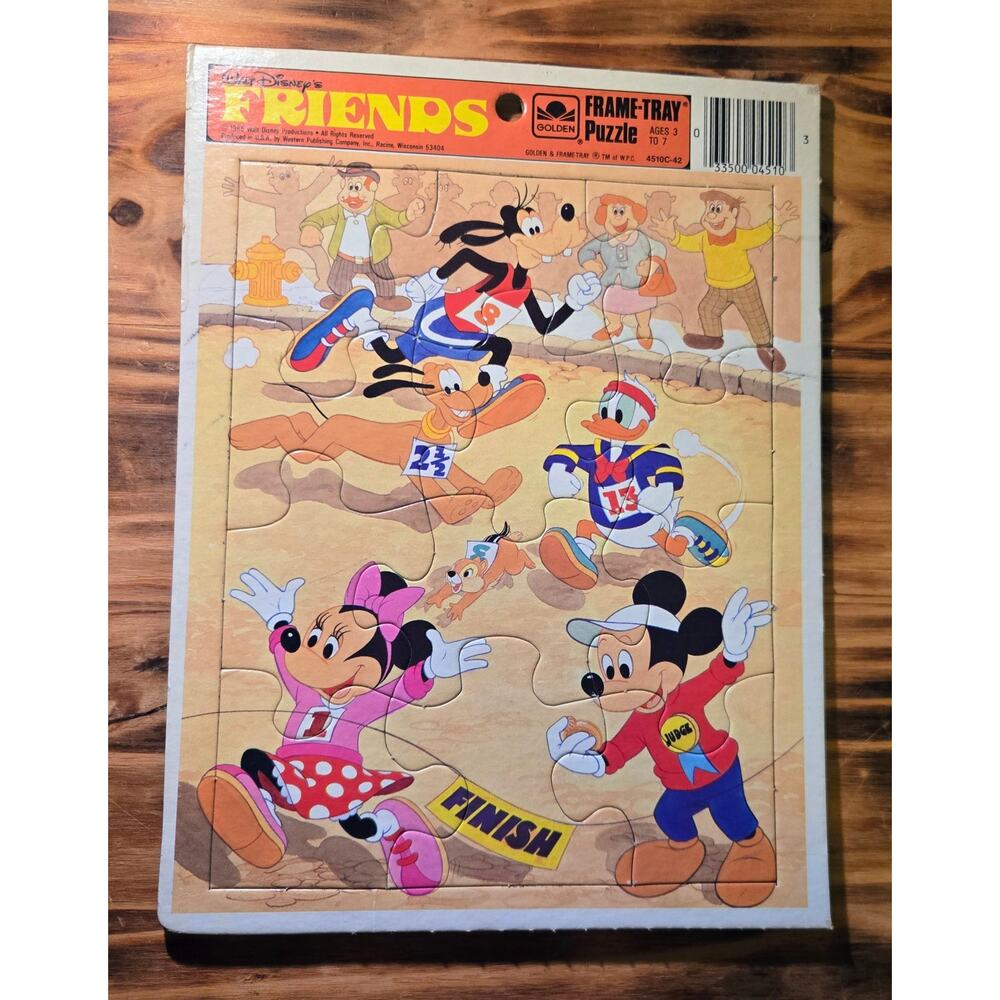 Vintage Mickey Mouse Frame Tray Puzzle Golden Disney Games Race  1985